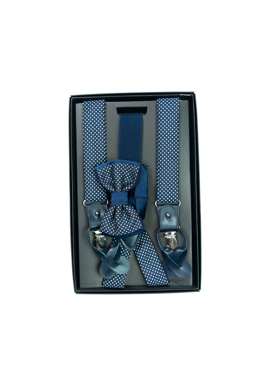 Coffret Bretelles/Noeud Pap Marine Pois Blanc