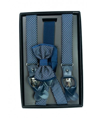 Coffret Bretelles/Noeud Pap Marine Pois Blanc